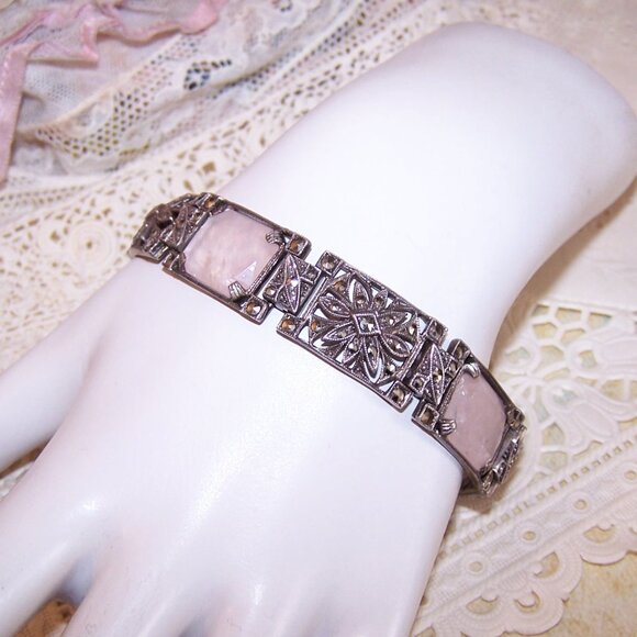 Art Deco European 935 Silver Pink Quartz Marcasite Link Bracelet - Picture 2 of 7
